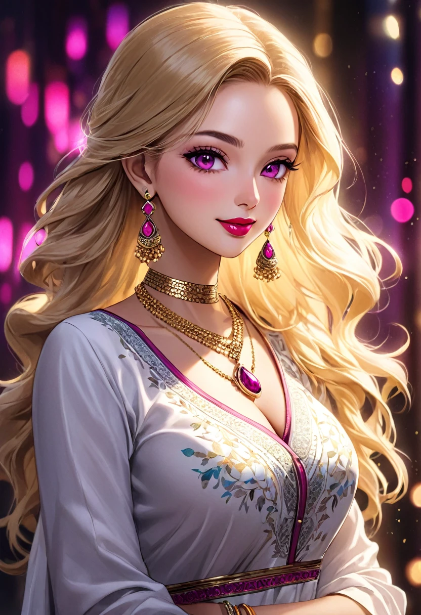 A beautiful young woman, 1girl, hourglass figure, seductive pose, mini sequin dress, silky white hair braid, heavy silver jhumka earrings, necklace, anklet, cleavage, detailed face with stunning magenta eyes, full lips, flawless makeup, dark cinematic lighting, dramatic photorealistic effect, masterpiece-level 8K rendering, ultra-detailed, realistic, photo-realistic, HDR, UHD, studio lighting, ultra-fine painting, sharp focus, physically-based rendering, extreme detail description, professional, vivid colors, bokeh, smiling, full body view, bangles,hair accessories ,bare legs