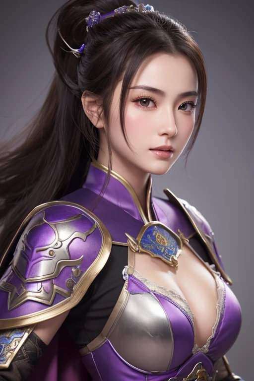 Close-up of a woman in armor and purple cape, ponytail,Large ,Highly detailed face and skin texture,Three Kingdoms,Xianxia Hero, Chinese Warrior,Perfect beauty: 1.4, fine grain,double eyelid, Whitening skin,Highest quality,Ultra-high resolution