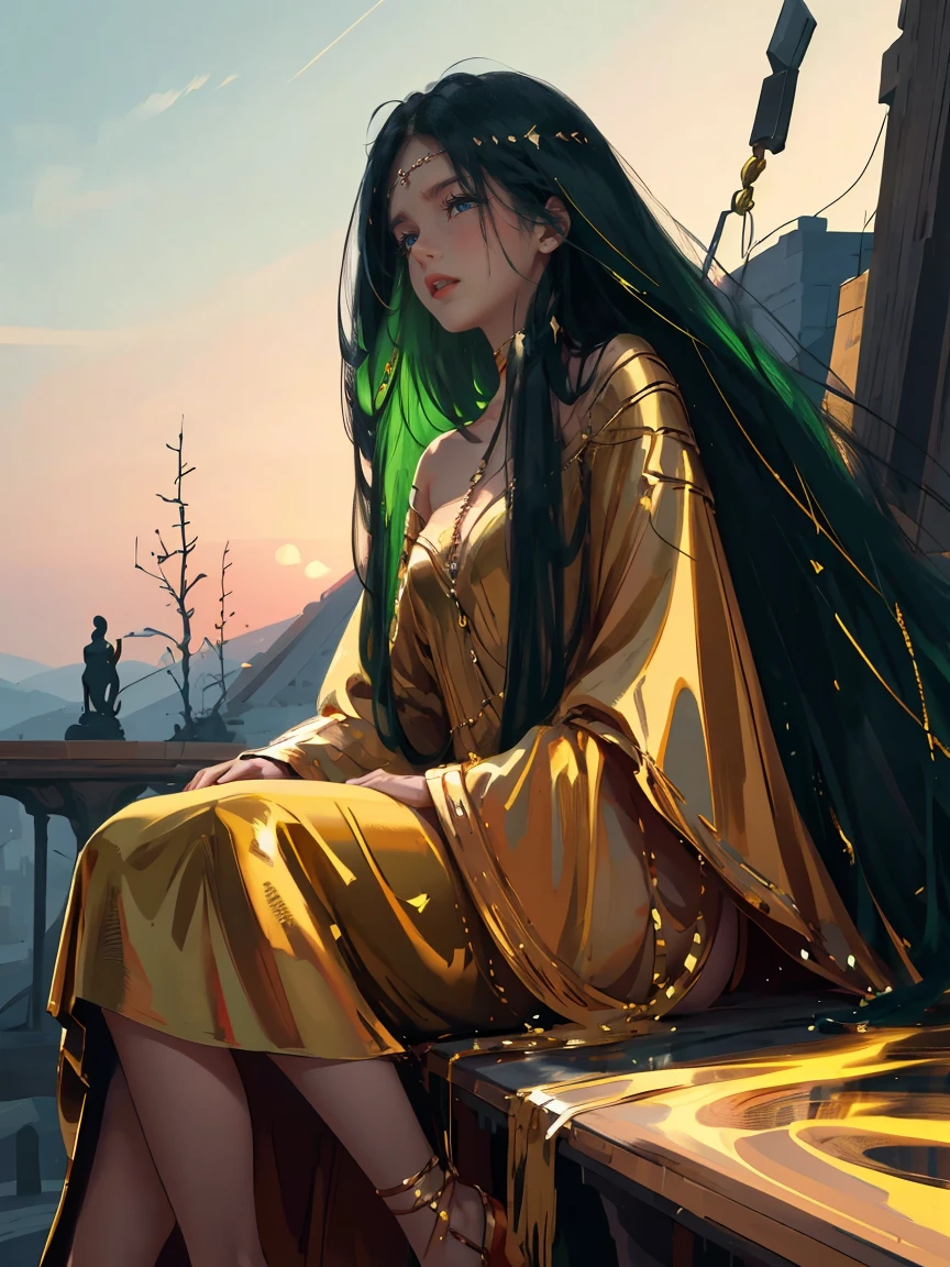 Long dark green hair, dark brown eyes, gloss lips, front look, close up, portrait, beautiful gold eyes, druid female, straight hair cut, clear skin, young years girl, adult girl, solo, very long hair, ankle length hair, handsome older WOMAN,Hyperresolution,accuracy,Detailed rendering,(Image of fine hair)(topquality)(Masterpieces of masters)(High degree of completeness)(A sense of atmosphere)tmasterpiece,Super detailed and super detailed(((half-body portrait)))(