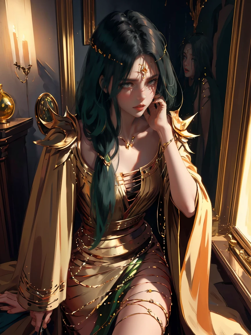 Long dark green hair, dark brown eyes, gloss lips, front look, close up, portrait, beautiful gold eyes, druid female, straight hair cut, clear skin, young years girl, adult girl, solo, very long hair, ankle length hair, handsome older WOMAN,Hyperresolution,accuracy,Detailed rendering,(Image of fine hair)(topquality)(Masterpieces of masters)(High degree of completeness)(A sense of atmosphere)tmasterpiece,Super detailed and super detailed(((half-body portrait)))(