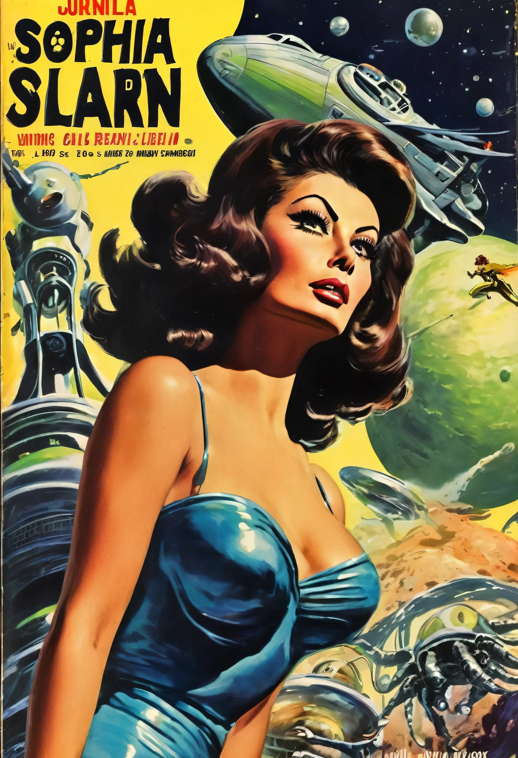 In the style of a 1950s sci-fi pulp magazine, this book depicts the heroic figure of a cyborg beauty (played by Sophia Loren) fighting squid-like aliens with a ray gun. It is a space war, a moon world, a retro,Attacked by fear and horror,