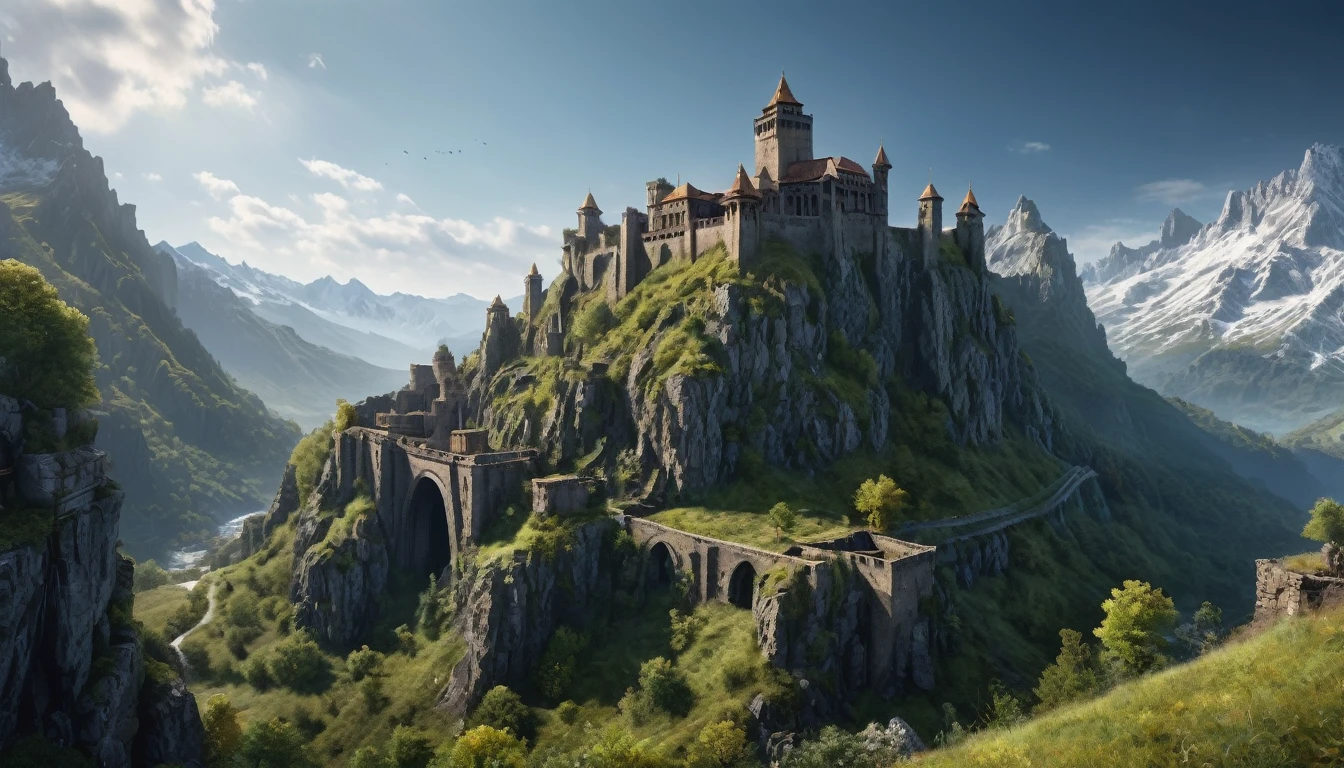 wide angle, panoramic view, detailed fantasy landscape, mountain climate, majestic mountains, warhammer style, ruins, ancient fortress, monumental building, fortress built into mountainside, best quality, 4k, 8k, highres, masterpiece:1. 2, ultra detailed, realistic, photorealistic, photorealistic:1.37, hdr, uhd, studio lighting, ultra accurate painting, sharpness, physics-based rendering, extreme detail description, professional, dark colors, bokeh, cinematic