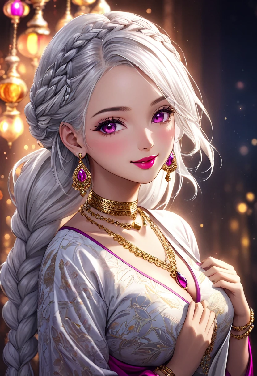 A beautiful young woman, 1girl, hourglass figure, seductive pose, printed design white kurta and pajma, silky  white hair braid, heavy silver jhumka earrings, necklace, anklet, cleavage, detailed face with stunning magenta eyes, full lips, flawless makeup, dark cinematic lighting, dramatic photorealistic effect, masterpiece-level 8K rendering, ultra-detailed, realistic, photo-realistic, HDR, UHD, studio lighting, ultra-fine painting, sharp focus, physically-based rendering, extreme detail description, professional, vivid colors, bokeh, smiling, full body view, bangles