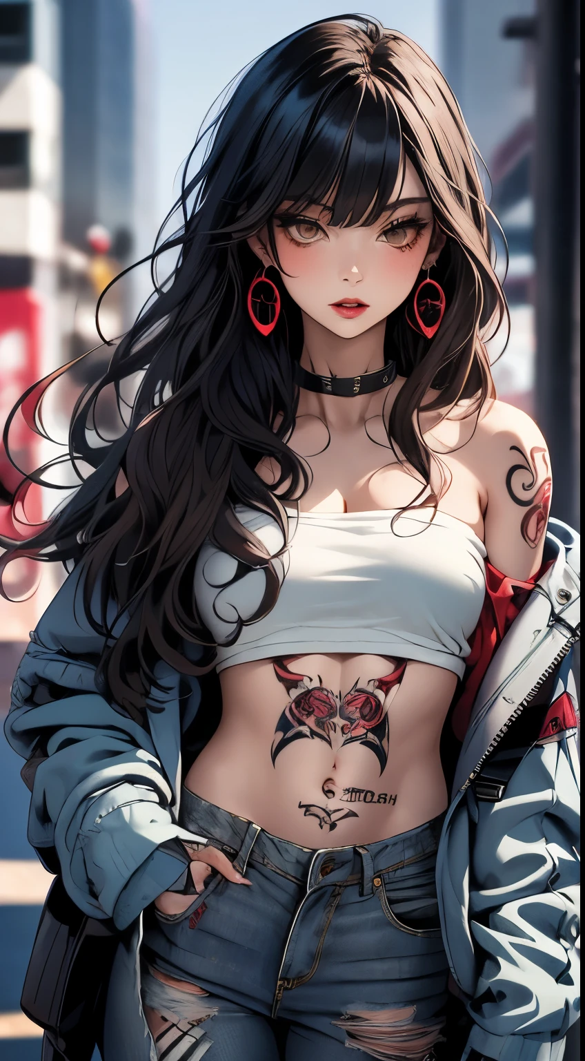 ​masterpiece, highest quality, pixiv, Cool girl, the strongest pirate girl, topless, Lips in love, dark brown hair, Curly hairs, blunt bangs, straight bangs, gray eyes, White skin, Girl, improve, Graffiti-Stil, Cool, villain, Böses Girl, tattoo, wears red binnie