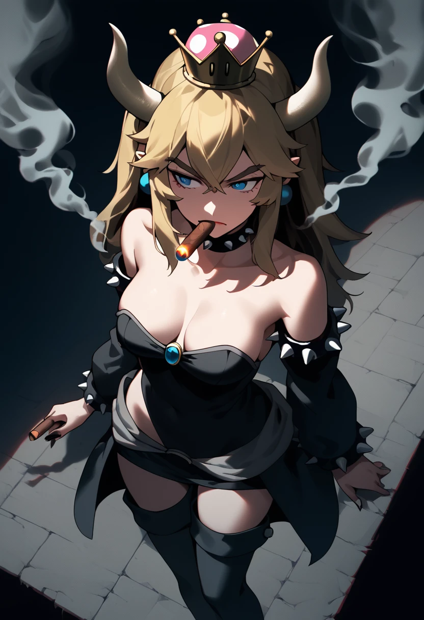 punctuation_9, punctuation_8_High above, punctuation_7_High above,punctuation_6_High above, punctuation_5_High above, punctuation_4_High above , breasts big, 1 girl, Bowsette, standing alone, hollow, hollow,smoke,cigar,Cigar in hand,smoke,makeHigh above, hair blonde, bangss, side locks, thick eyebrows, hair between the eyes, makeHigh above, biquini muito curto e transparentes preto, collant preto, transparentes, black choker, thigh boots, separate breasts, sitting down,cross legs, pub \(place\), neon lights, light particles, bothered, half-closed eyes, dim_Lighting,