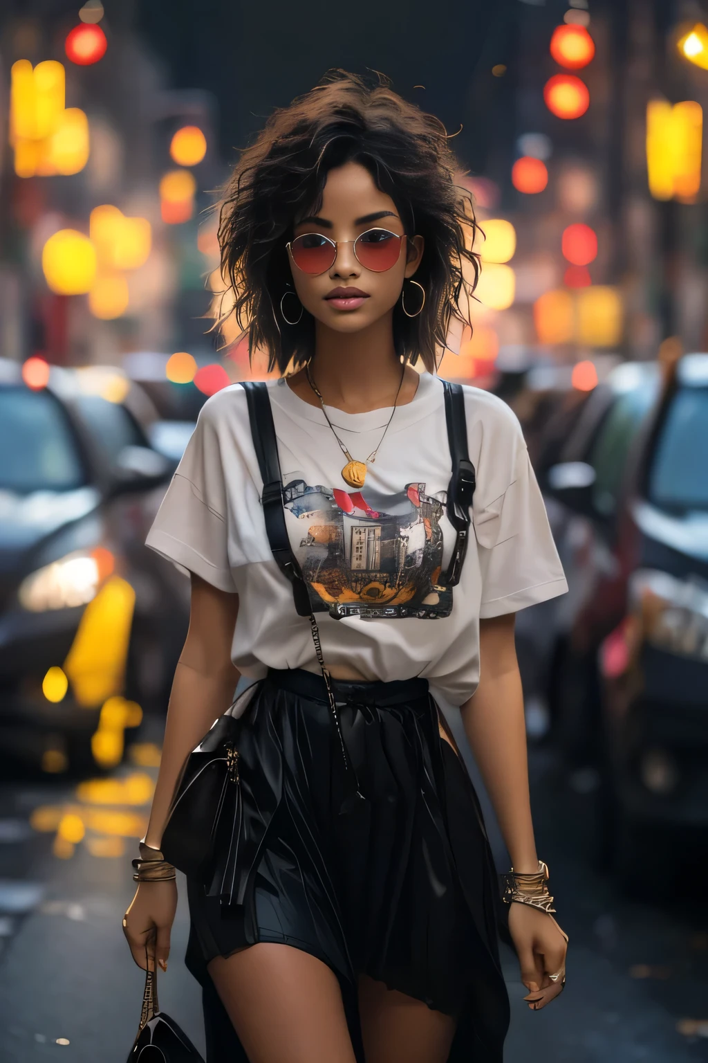 Magnifique femme avec des cheveux longs lissé et noirs, elle porte une frange devant le frond, des grosses lunettes noires sans teint sur son nez, un regard envoûtant reflétant la femme avec sa frange aussi pétillante qu'elle est. Une rouge à lèvres rouge, du maquillage sur les joues, un dégradé holographique sur les bras, un haut top à dentelle et très chic. Photographie réaliste prise avec un Canon. On peut voir le décor de la ville derrière. Il fait nuit noir éclairé par des lumières néon. La jeune femme boit un milkshake au chocolat avec une paille multicolore. Un petit sac à dos chic, un badge cool sur le tee-shirt