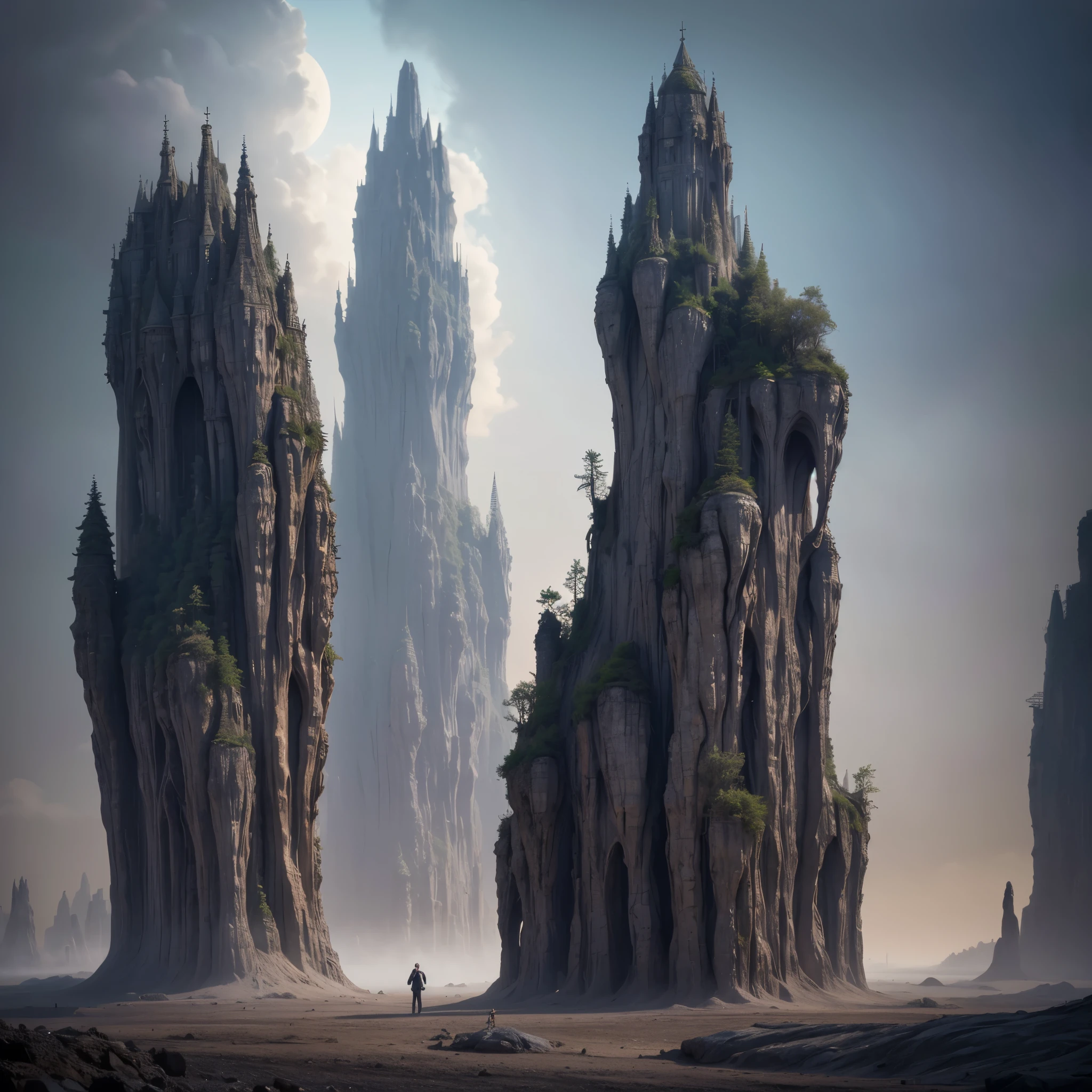 Fours 4 Men, Dans une ville, Surrealism, dreamlike atmosphere, intricate details, fascinating composition, ethereal beauty, mystical elements, paysages fantaisistes, otherworldly creatures, travail au pinceau complexe, Surrealist landscapes, images fantastiques (best quality,4K,8k,high resolution,head of'artwork:1.2),ultra-detailed,(realistic,photorealistic,photo-realistic:1.37)