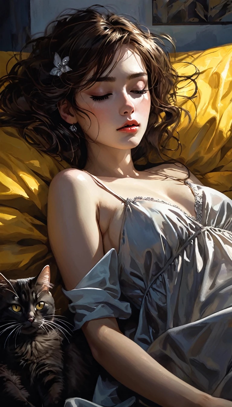 a sexy girl lying with a cat and a yellow blanket on her lap, 1 girl, sleeping, brown hair, eyes closed, pillow, lying down, blushing, hair ornament, alone, sideways, sexy transparent nightgown, sex sex sex( best quality, masterpiece, ultra detailed, illustration 1.2), (8K wallpaper), (beautiful detailed eyes 1.2), beautiful, amazing and detailed eyes, (detailed skin) eroticism, sexy, black and white image, between shadows, oil painting, chiaroscuro, sensual, dramatic lighting, moody atmosphere, photorealistic, intricate details, masterpiece, ultra-detailed, high quality, 8k, best quality, realistic, cinematic, dark and brooding, expressionistic, powerful composition, emotional impact, Bill Sienkiewicz inspired art
