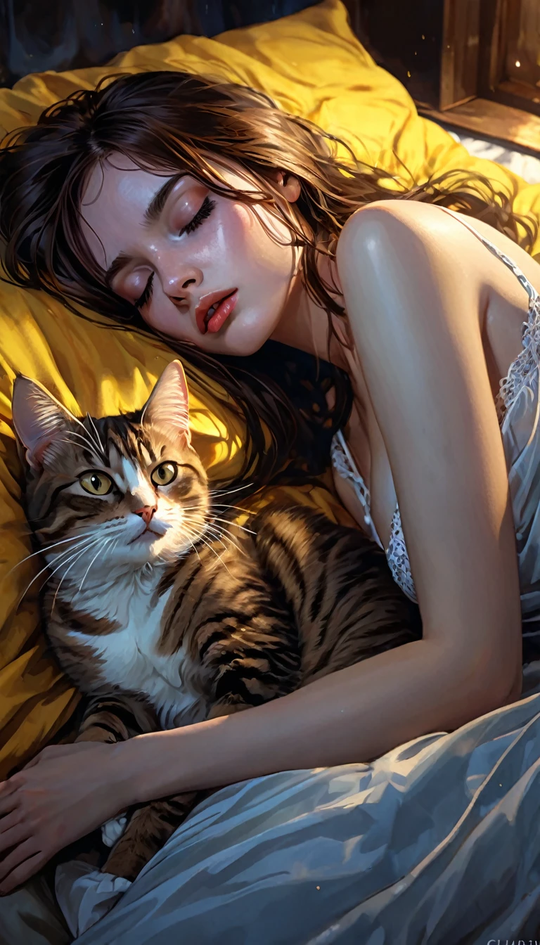 a sexy girl lying with a cat and a yellow blanket on her lap, 1 girl, sleeping, brown hair, eyes closed, pillow, lying down, blushing, hair ornament, alone, sideways, sexy transparent nightgown, sex sex sex( best quality, masterpiece, ultra detailed, illustration 1.2), (8K wallpaper), (beautiful detailed eyes 1.2), beautiful, amazing and detailed eyes, (detailed skin) eroticism, sexy, black and white image, between shadows, oil painting, chiaroscuro, sensual, dramatic lighting, moody atmosphere, photorealistic, intricate details, masterpiece, ultra-detailed, high quality, 8k, best quality, realistic, cinematic, dark and brooding, expressionistic, powerful composition, emotional impact, Bill Sienkiewicz inspired art
