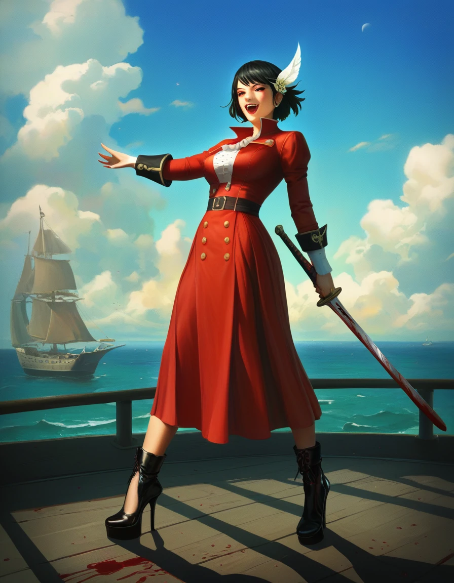 a portrait of a woman vampire pirate holding a (( bloody sword: 1.5)) on a pirate ship ready for battle, ((full body: 1.5)), ((anatomically correct: 1.5)), (ultra detailed face: 1.2), looking tense, looking dangerous,  dynamic eye color, glowing eyes, dynamic hair color, dynamic hair style dynamic skin complexion, wearing 18th century white button shirt, with ((stains of blood: 1.3)), busty , wearing  wearing high heeled boots, it is night time at sea, moon is high, some clouds,18th century pirate ship background,  vibrant, Ultra-high resolution, High Contrast, (masterpiece:1.5), highest quality, Best aesthetics), best details, best quality, highres, 16k, (ultra detailed: 1.5), masterpiece, best quality, (extremely detailed) RAW, (ultra details, Masterpiece, best quality), Hyperrealism style, holding sword, Intense gaze, holding sword rapier, vampire teeth, BloodSoakedAI, holding sword, Dark Art Painting Style