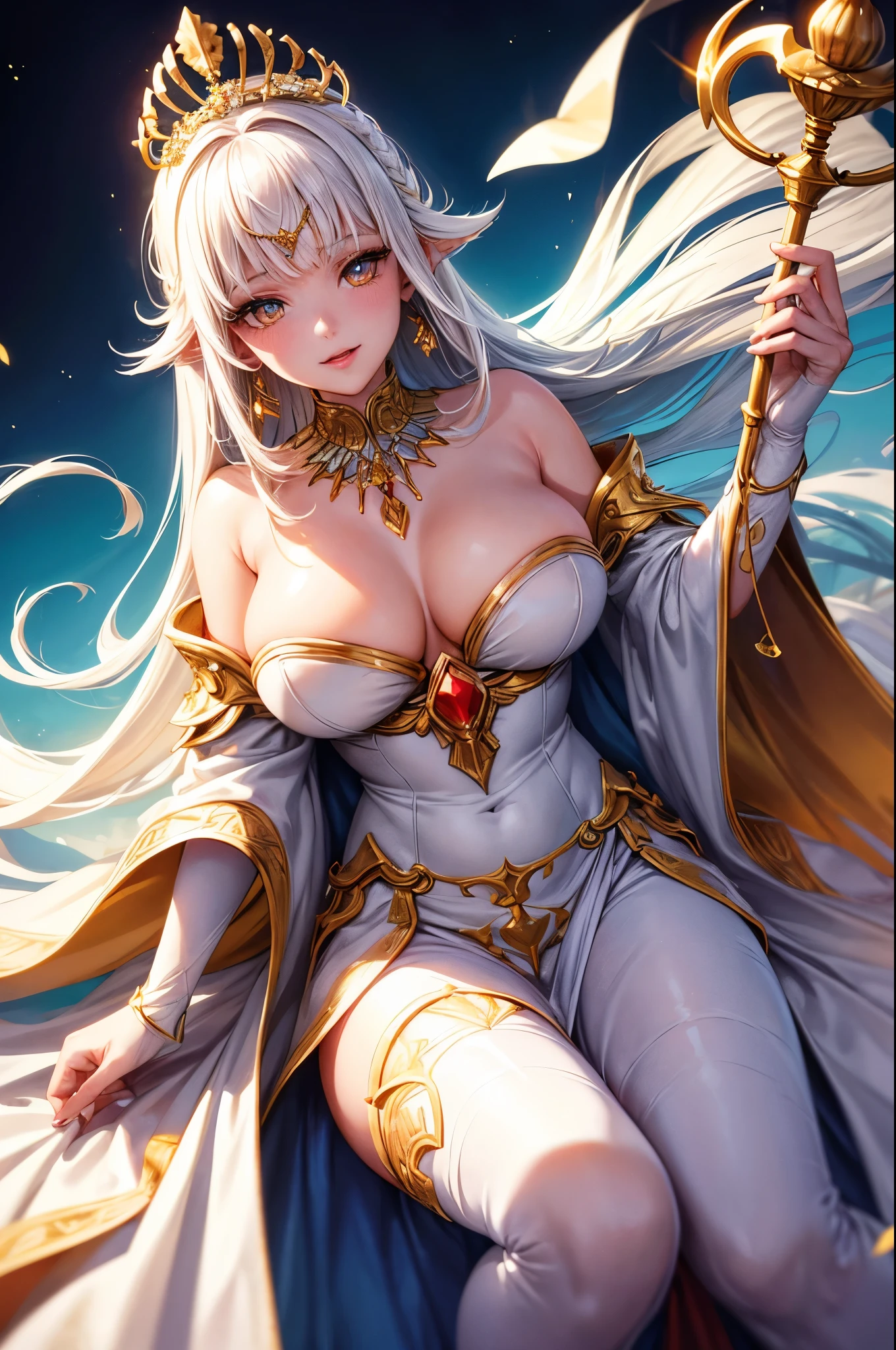 8k,American Goddess Big ,very, very big breasts,White medium bob hair,Baby Face,Close-up of a pretty person in a white goddess costume holding a sacred staff, Cute Fantasy Empress, ((Cute Fantasy Empress)), glamorous.Very detailed, Very detailed , Up to the model | Types of bacteria, Trending on cgstation, Art Station, Gorgeous white cloak,Ultra-high resolution,Ultra-Realistic Skin,Cute expression,Fantasy art,Laughter(Like the real thing),Straight hair,Golden Eyes,Red Gem Earrings,Blue gemstone necklace,Luxury White Gauntlets,Red lipstick,Red eyeshadow,Goddess Makeup,Fighting Pose,masterpiece,Photorealistic RAW photos of the highest quality。Bright colors,Rich colors, Backlight, Cinema Lighting, Film Grain, 50mm lens, Nikon D850,Beautiful expression,Fantasy art,Character Art,View your viewers,Top view,thin body type,White and gold robe,Young girl,Pure white medium bob hair,Accentuate your cleavage,Big breasted American goddess,Circlet on forehead,Perfect hands,Anatomical Hand Shape,