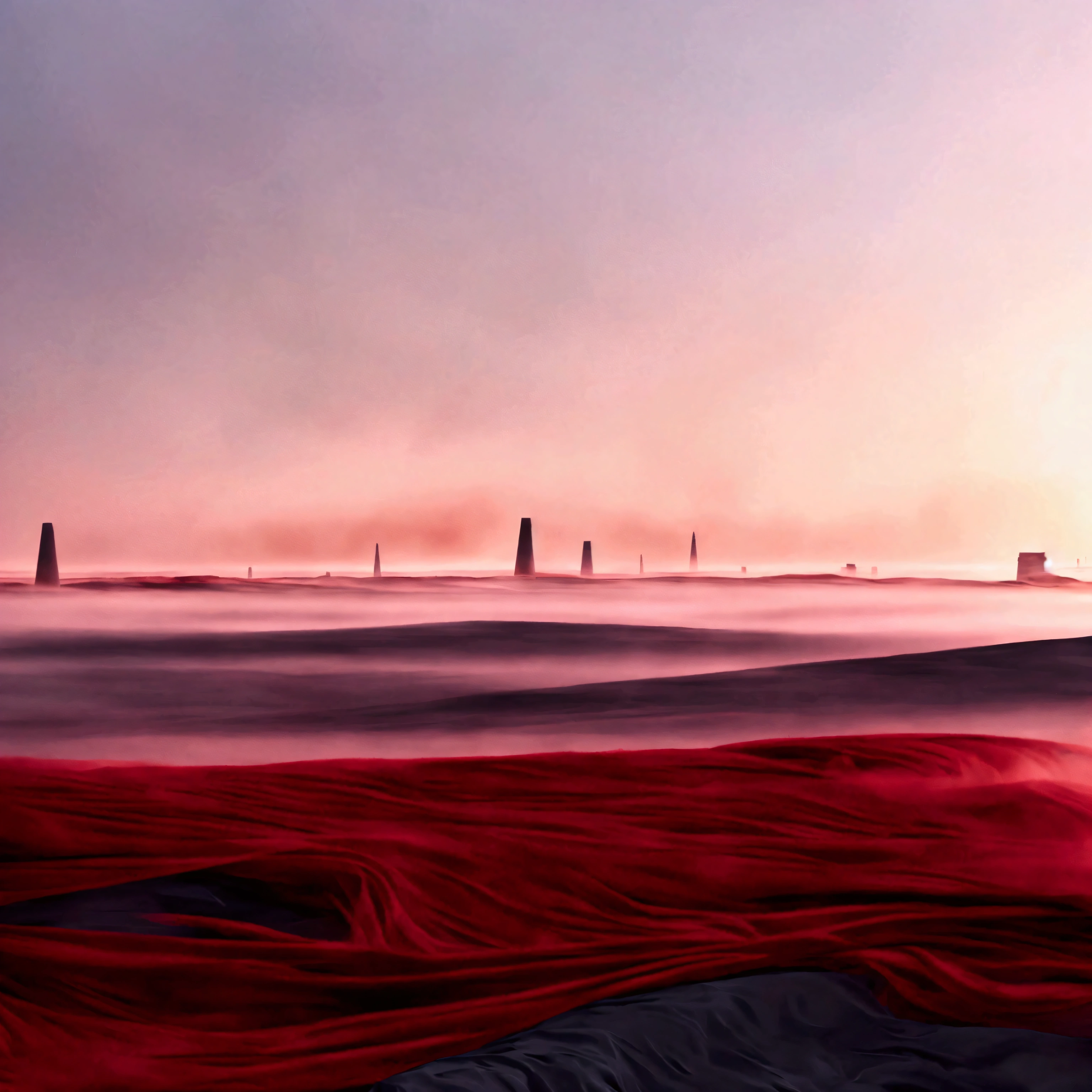 (artistic drawing), (soft volumetric ligtht coming from the bottom), (dark sky), very high and thin pylons with scrapped white flags burning surrounded by greyish clouds of heavy fog emerging from an red sea, under a dark sky
