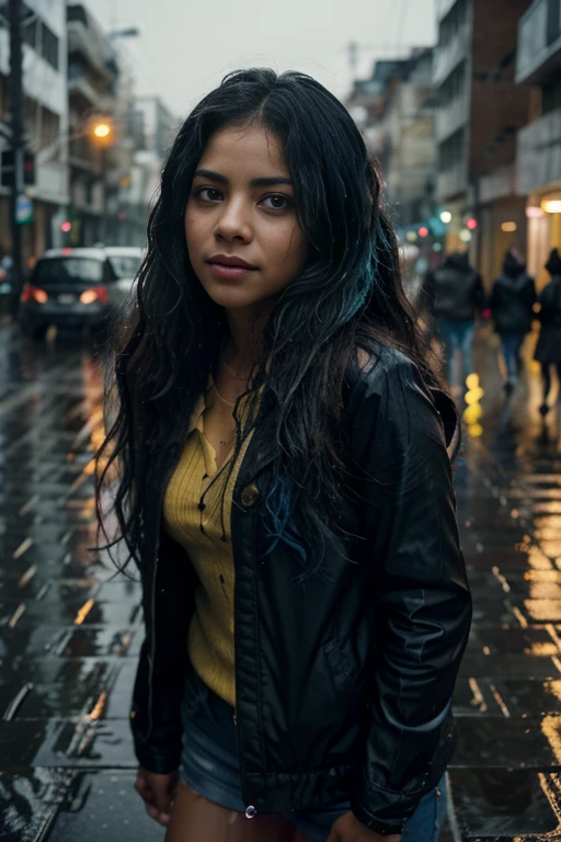 beautiful shakira, girl ,rain,night ,dark,buildings,people ,wet girl ,no light,blue night ,night rain,Bunch of hair,yellow hear 