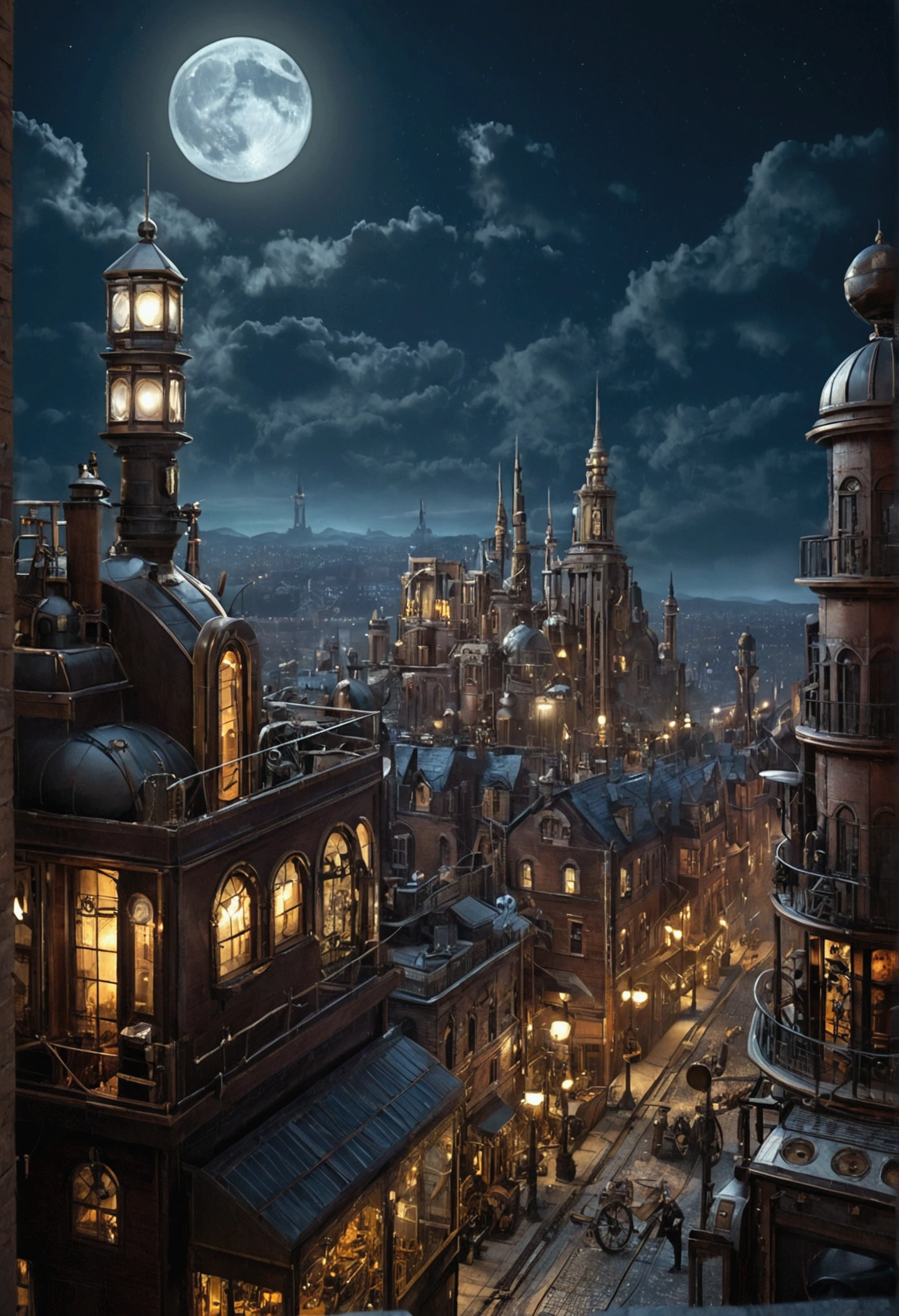 landscape of a city, steampunk, night, moon