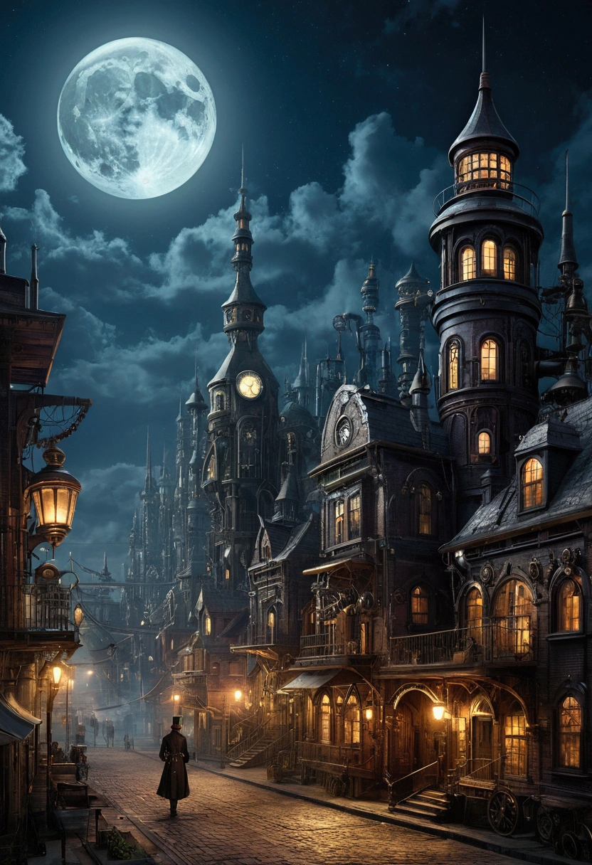 landscape of a city, steampunk, night, moon