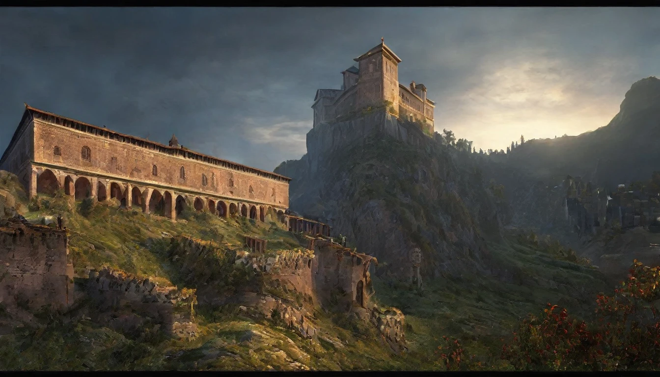 wide angle, panoramic view, mountain climate, majestic mountainside, warhammer style, ruins, ancient fortress, monumental building, fortress built into mountainside, vampire fortress, best quality, 4k, 8k, highres, masterpiece:1. 2, ultra detailed, realistic, photorealistic, photorealistic:1.37, hdr, uhd, studio lighting, ultra accurate painting, sharpness, physics-based rendering, extreme detail description, professional, dark colors, bokeh, cinematic
