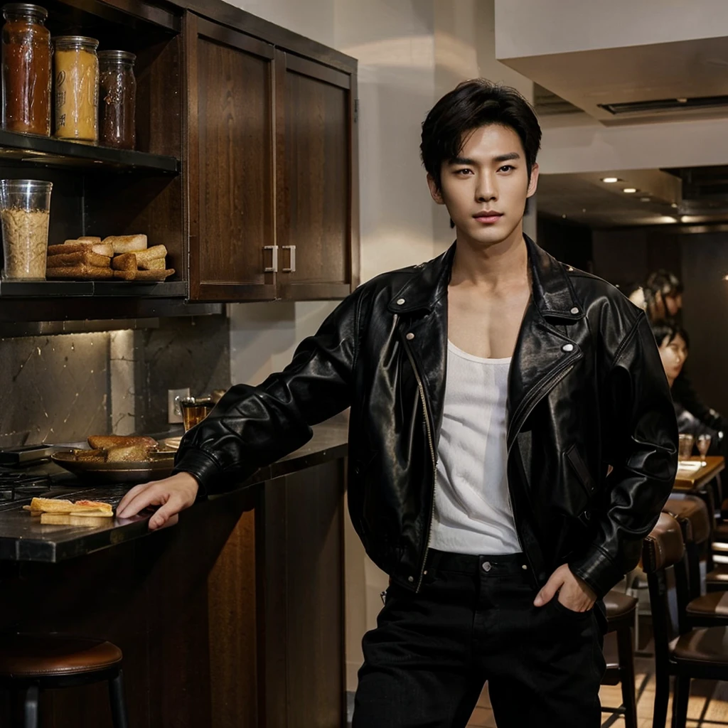 * Gorgeous and hot Korean man 
* 19 years old extremely sexy and hot 
* Height: 1.75m
* In a restaurant 
*leather jacket and black jeans
Dark haired
* Very good looking 