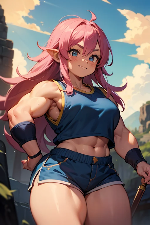 beautiful dwarf girl, solo female, dwarf DND female, freckles, long pink hair, hazel eyes, muscled, athletic, crop top, short stature, wide shoulders, short woman, smile , thicc, open blue jacket, blue short shorts, fighter, muscled abdomen, muscular thighs, muscled biceps , happy expression, masterpiece, action pose, highest detail, anime, dragon ball style.