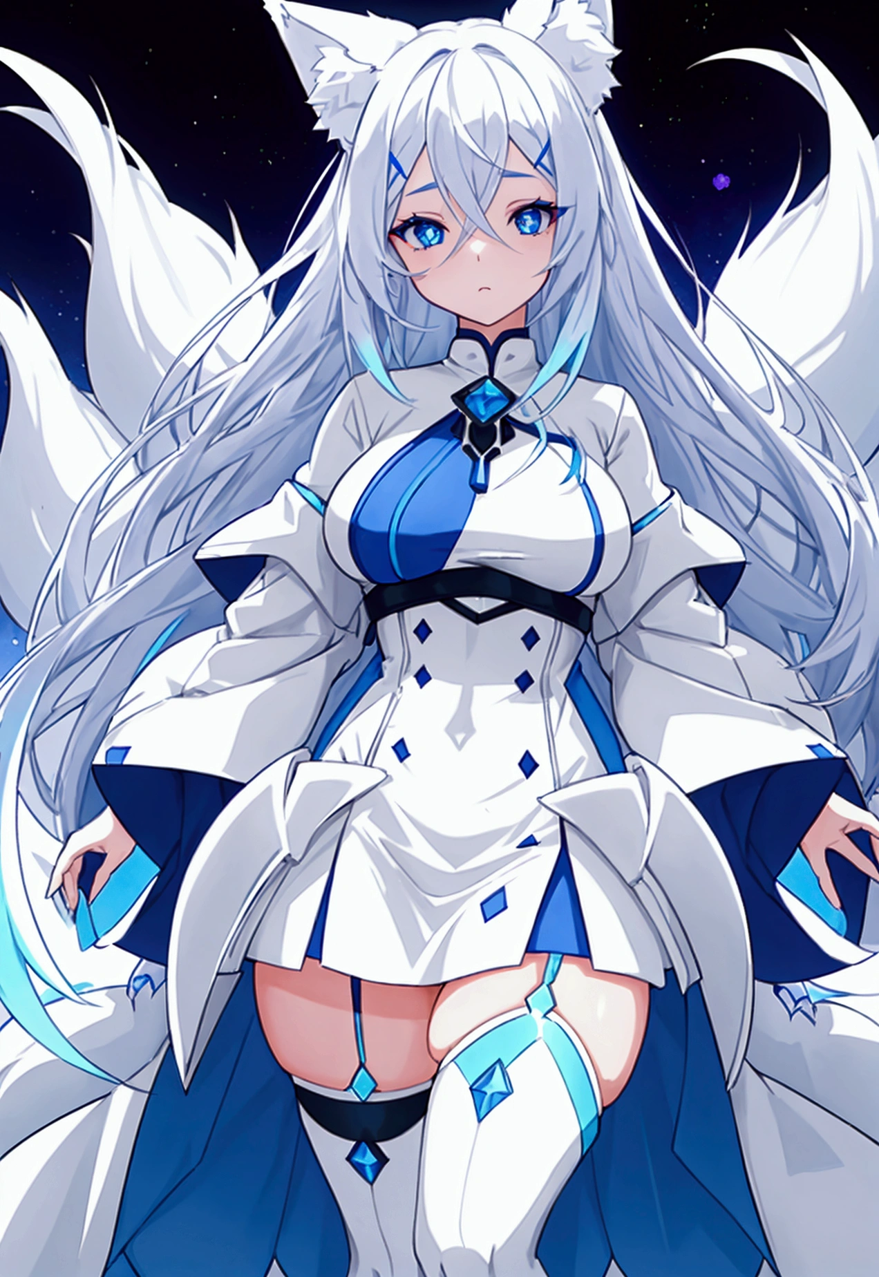 Defined female body, thick thighs, create the outfit that matches, short and long hair in white color, but with the color in blue and purple gradient at the ends, blue eyes. She has white fox ears and tail, but with blue color at the tips. Star mark on the forehead with the color blue.