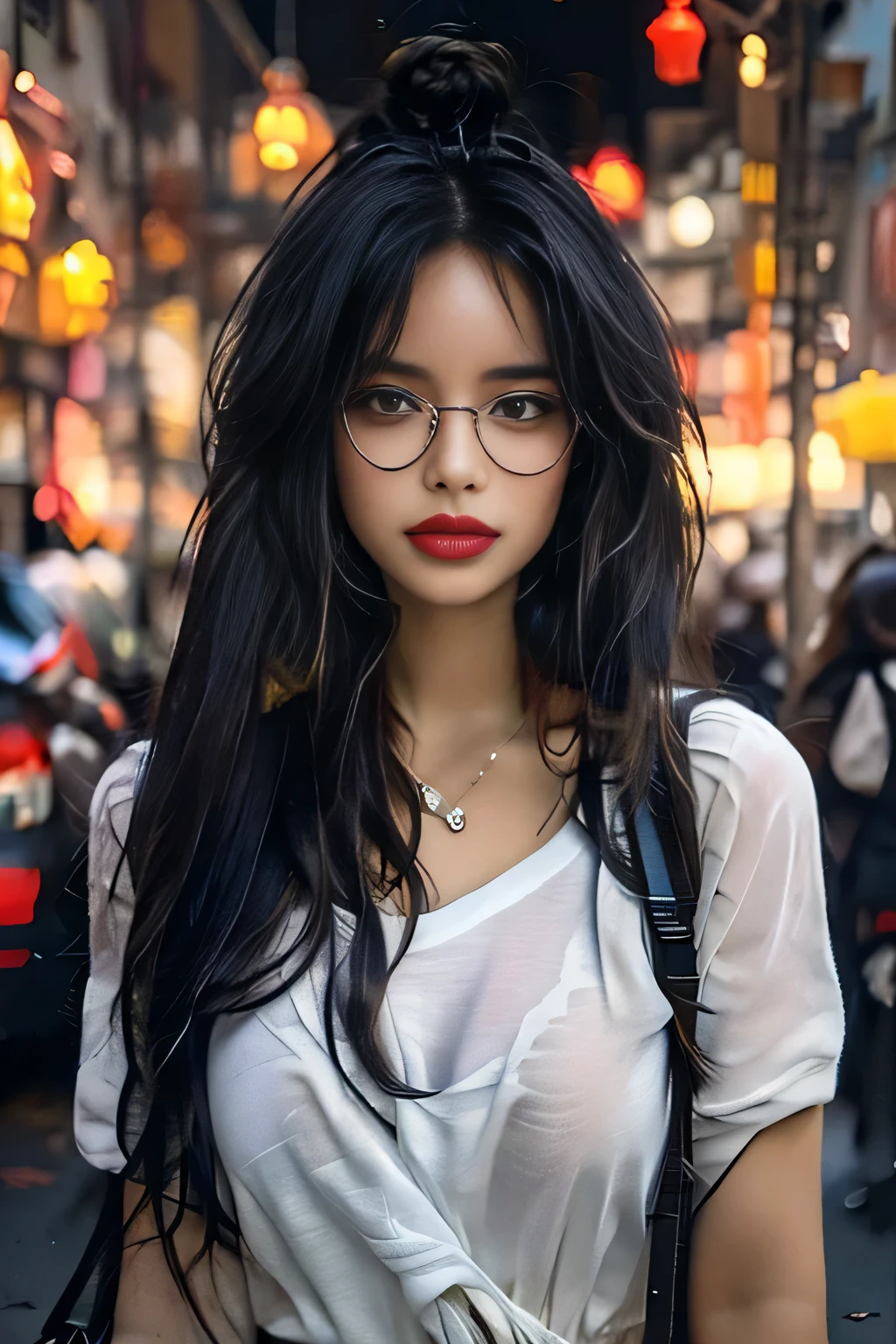 Magnifique femme blanche avec des cheveux longs lissé et noirs, elle porte une frange devant le frond, des grosses lunettes avec une monture noires sur son nez, un regard envoûtant reflétant la femme pétillante qu'elle est. Une rouge à lèvres rouge, du maquillage sur les joues, un dégradé holographique sur les bras, un haut top à dentelle et très chic. Photographie réaliste prise avec un Canon. On peut voir le décor de la ville derrière. Il fait nuit éclairé par des lumières néon. La jeune femme boit un milkshake au chocolat avec une paille multicolore.