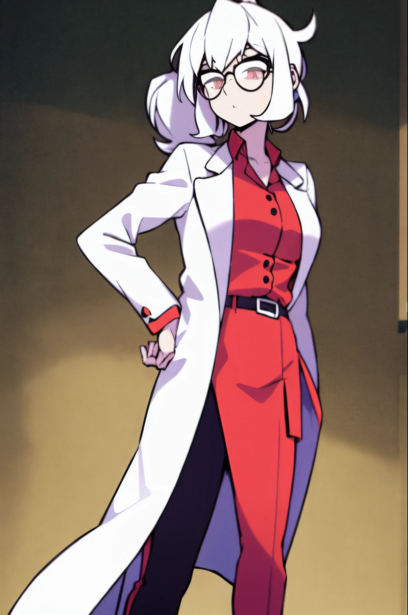 Young woman, White hair, bang, divided into two parts, two strands of hair in front, Hairstyle high ponytail, Doctor's white coat, Red shirt, White pants, glasses with red lenses, Standing pose, regular