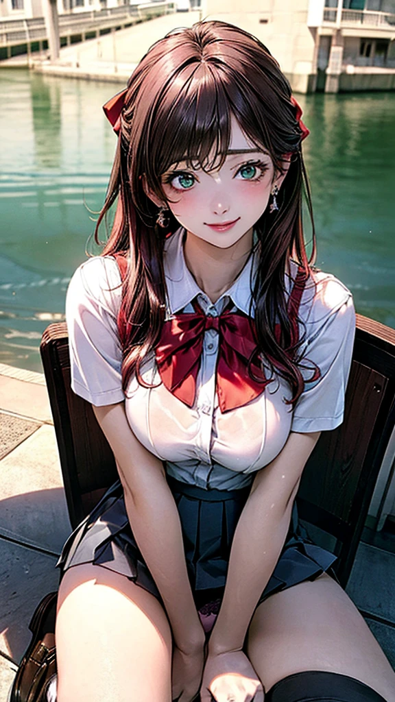 (masterpiece:1.2, Highest quality), (Realistic, photoRealistic:1.4), Beautiful illustrations, (Natural Side Lighting, Cinema Lighting), 
View your viewers, Cowboy Shot, Front view:0.6, 1 girl, Japanese, high school girl, Perfect Face, Cute and symmetrical face, Glowing Skin, 
(Long Hair:1.8, Straight hair:1.7, Light pink hair), Parted bangs, Emerald green eyes, Long eyelashes, (Large Breasts:0.9, Thick thighs), 
Beautiful Hair, Beautiful Face, Beautiful attention to detail, Beautiful clavicle, Beautiful body, Beautiful breasts, Beautiful thighs, Beautiful feet, Beautiful fingers, 
((White collared shirt, Grey pleated mini skirt, , Black socks, Brown Loafers, Red bow tie)), hoop ring earrings, Pink Panties, 
(Beautiful views), evening, River side, (Cute smile,), Lean yourself into a chair and sit down.、Spread your legs wide、Panties visible from under the skirt