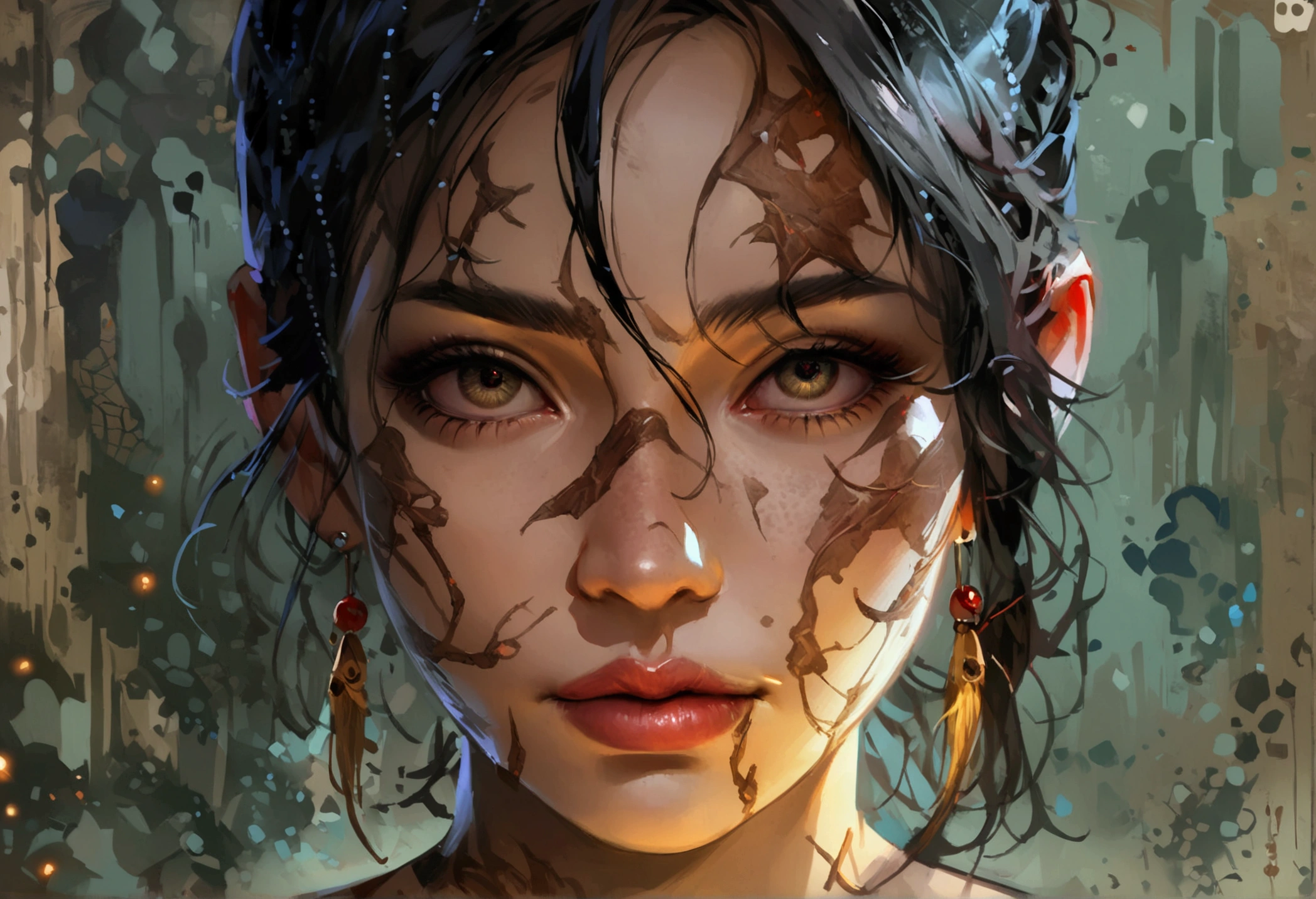 Realistic Digital Painting with Concept Art Elements"," digital painting," "concept art," "realistic," "high detail", "muscular",, "high-res", "ominous aura,", "8k resolution", "oil painting", "darker tone" , "little saturation" ,"dark feeling", "concept art" , "detailed features" , "detailed eyes" , "1female" , "scars around body" , "yakuza" , "tattoos"