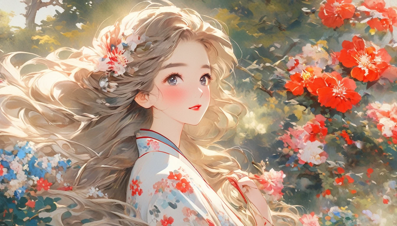 (Highest quality,Very detailed,Realistic:),1 22 year old Japanese woman,Beautiful attention to detail,Long eyelashes,Beautiful lip detail,Flowing Hair,natural environment,garden,Colorful flowers,Soft sunlight,Breeze,Picturesque style,Vibrant colors,Bokeh lighting、red floral dress、Slender figure