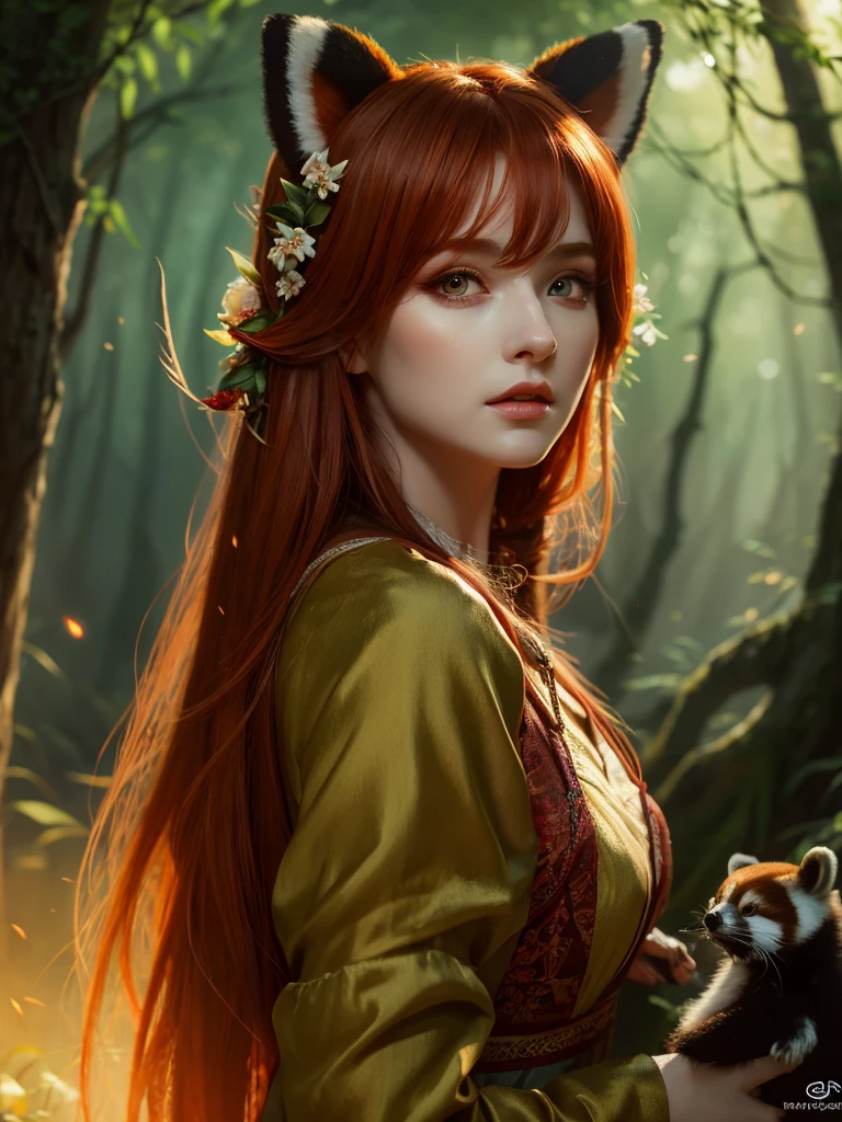 a redhead girl with long hair, wearing a beautiful elf dress, in a lush forest with dark colors, holding a red panda in her arms without panda ears, detailed face, beautiful detailed eyes, beautiful detailed lips, extremely detailed eyes and face, long eyelashes, high quality, 8k, ultra-detailed, realistic, photo-realistic, HDR, UHD, studio lighting, ultra-fine painting, sharp focus, physically-based rendering, extreme detail description, professional, vivid colors, bokeh, fantasy, digital painting, cinematic lighting, dramatic shadows, warm color palette