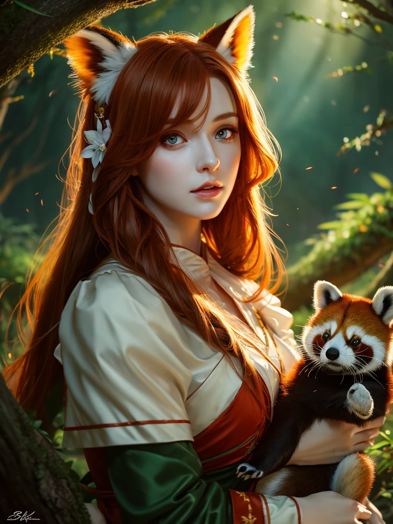 a redhead girl with long hair, wearing a beautiful elf dress, in a lush forest with dark colors, holding a red panda in her arms without panda ears, detailed face, beautiful detailed eyes, beautiful detailed lips, extremely detailed eyes and face, long eyelashes, high quality, 8k, ultra-detailed, realistic, photo-realistic, HDR, UHD, studio lighting, ultra-fine painting, sharp focus, physically-based rendering, extreme detail description, professional, vivid colors, bokeh, fantasy, digital painting, cinematic lighting, dramatic shadows, warm color palette