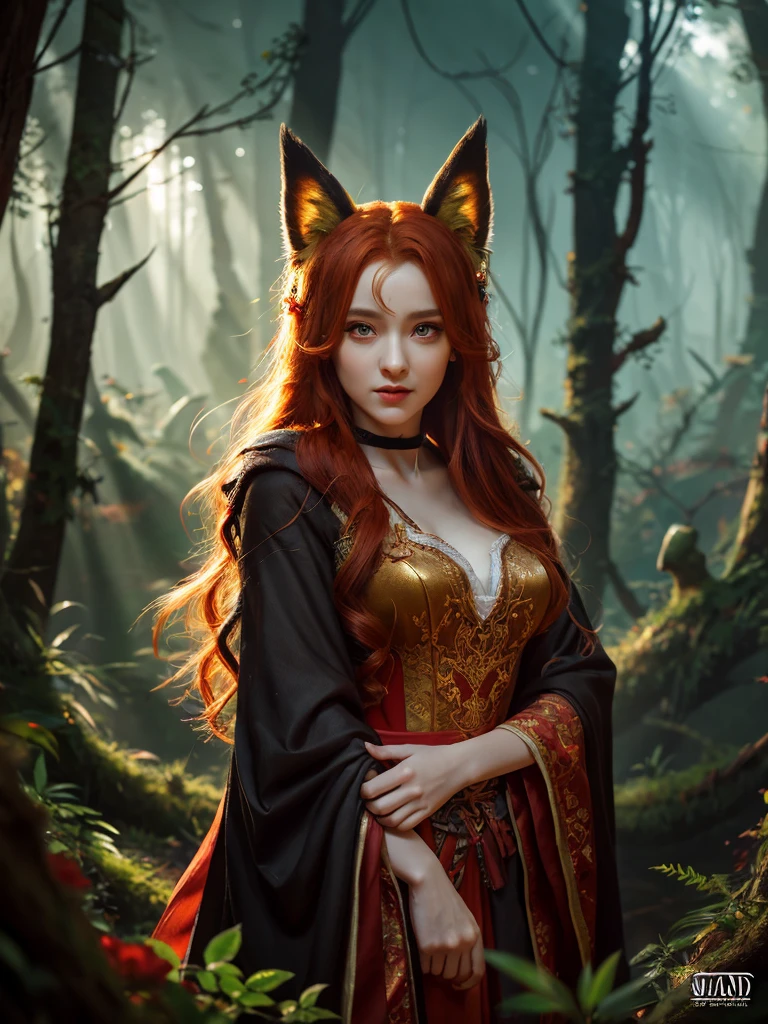 one beautiful young woman, half woman half cat, green eyes, red hair, sexy, sitting in the forest, fur, cat ears, cameltoe, sheer dress, (best quality,4k,8k,highres,masterpiece:1.2),ultra-detailed,(realistic,photorealistic,photo-realistic:1.37),detailed face and eyes,highly detailed facial features,intricate details,vivid colors,dramatic lighting,cinematic composition,fantastical,surreal,dreamlike,whimsical,magical realism