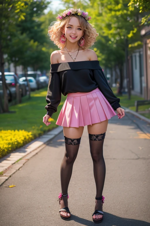 (masterpiece),(best quality),(ultra-detailed), (full body:1.2),
1girl,chibi,cute, smile, open mouth,
flower, outdoors, flower crown, hair flowing in wind, green eyes, blonde hair, curly hair, medium hair, pink earrings, pink nails, pink off-shoulder sweater, black skirt, black stockings, pink flip-flops, (thick thighs), big hips, sakura trees