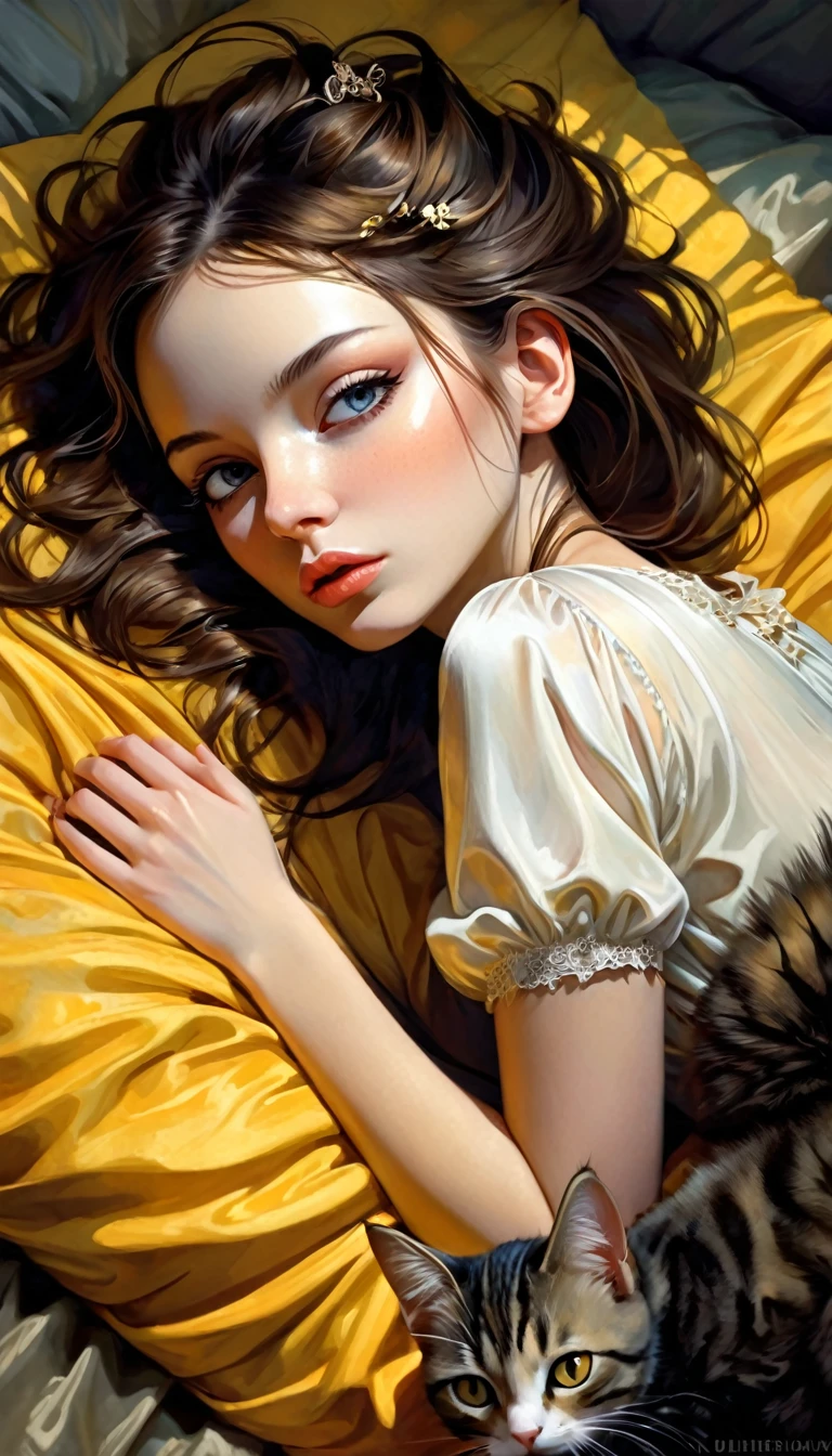 a sexy girl lying with a cat and a yellow blanket on her lap, 1 girl, sleeping, brown hair, eyes closed, pillow, lying down, blushing, hair ornament, alone, sideways, sexy transparent nightgown, sex sex sex( best quality, masterpiece, ultra detailed, illustration 1.2), (8K wallpaper), (beautiful detailed eyes 1.2), beautiful, amazing and detailed eyes, (detailed skin) (best quality,4k,8k,highres,masterpiece:1.2),ultra-detailed,(realistic,photorealistic,photo-realistic:1.37),intricate details,vivid colors,sharp focus,professional,Dave McKean artwork, oil touch of surrealism,oil painting style,portrait,woman,beautiful detailed eyes,beautiful detailed lips,dreamlike atmosphere,shadow play,soft lighting,playful pose,minimalist room,dark hues,ethereal background,fantasy elements,texture,layered composition.
