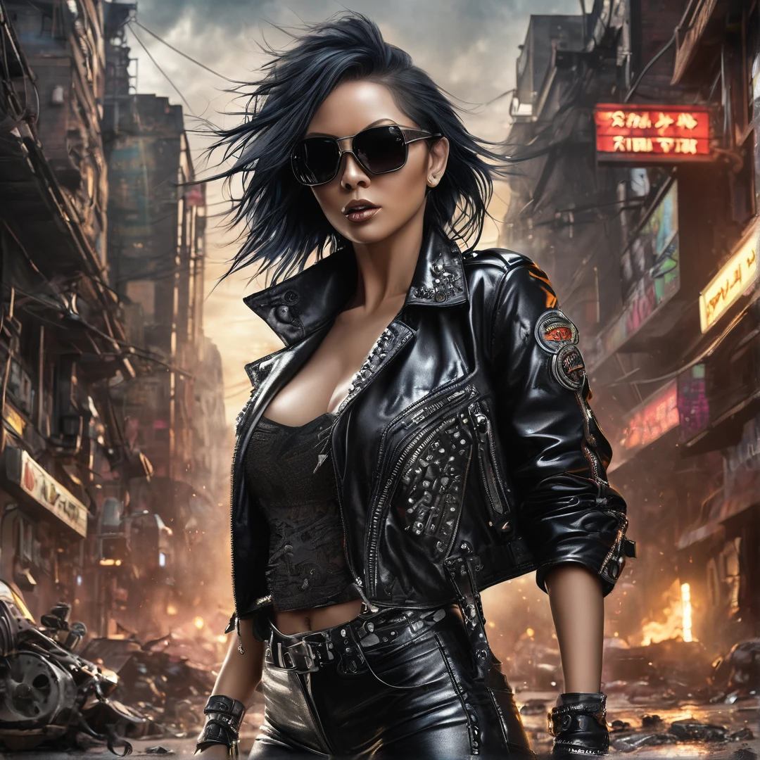 Heavy metal album cover female singer, post-apocalyptic city, insanely detailed real shiny skin, masterpiece body quality, black leather pants, real color, erotic and strong, black sunglasses, 8k resolution🔥, Miki Asai Macro photography, close-up, hyper detailed, trending on artstation, sharp focus, studio photo, intricate details, highly detailed, cinematic by zack snider