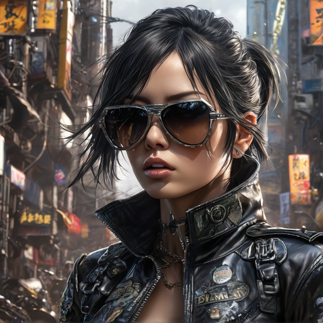 Heavy metal album cover female singer, post-apocalyptic city, insanely detailed real shiny skin, masterpiece body quality, black leather pants, real color, erotic and strong, black sunglasses, 8k resolution🔥, Miki Asai Macro photography, close-up, hyper detailed, trending on artstation, sharp focus, studio photo, intricate details, highly detailed, cinematic by zack snider