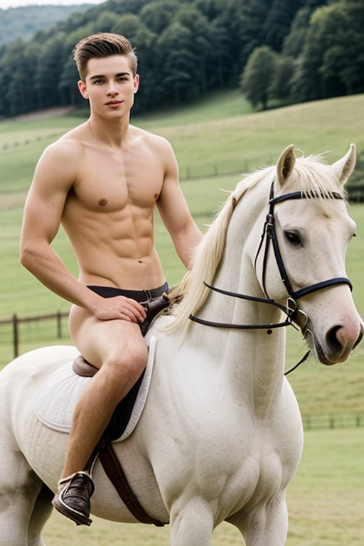 2 Young cute handsome white skinny beautiful face without shirt naked on top of a white horse nice butt