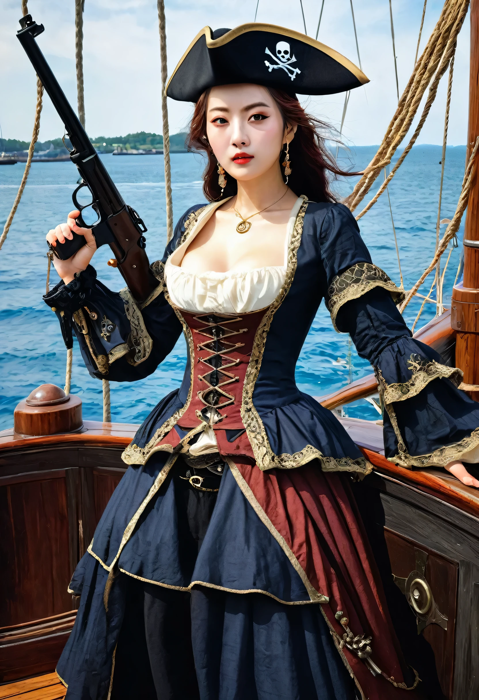 Draw a medieval one-eyed pirate queen。On the sign of a sailing ship。Holding a gun in one hand、