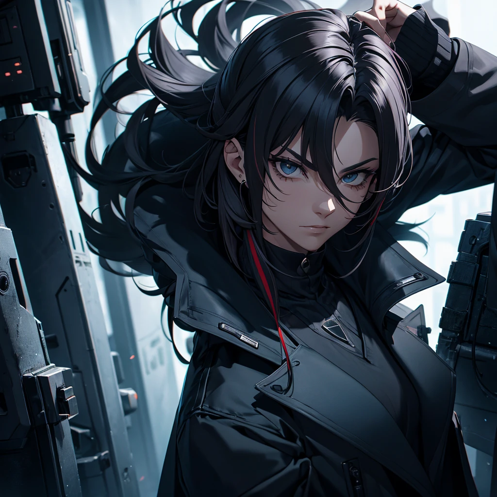 male character. naughty man. serious countenance, social futuristic clothing, an overcoat. hair with black highlights.