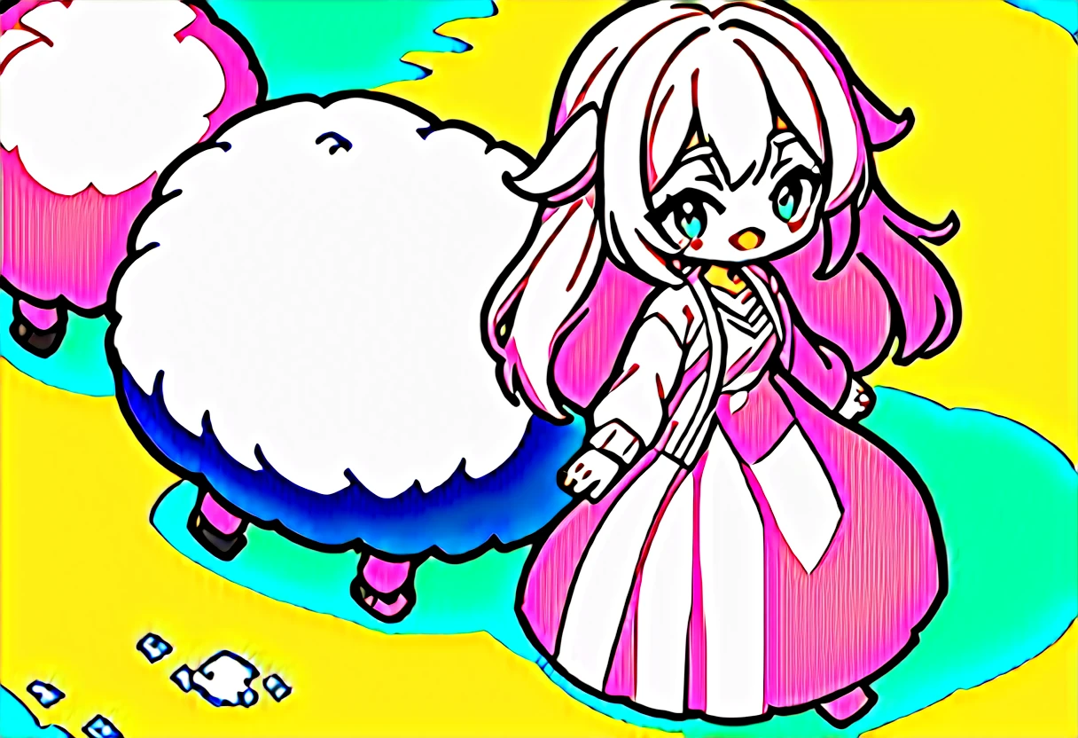 masterpiece, Highest quality, 8k, ((Detailed pixel art, Detailed)), Vivid, woman, 若いwoman, smile, cute, Directed at an angle, Open your mouth, Fluffy hair, Long Hair, Hair like sheep's hair, Pink Hair, eyebrow, 太いeyebrow, one piece, Pink clothes, Long skirt, cardigan, 水色のcardigan, shoes, 茶色いshoes, ((A very large sheep:1.3, 羊にwomanがもたれかかる:1.2)), grassland
