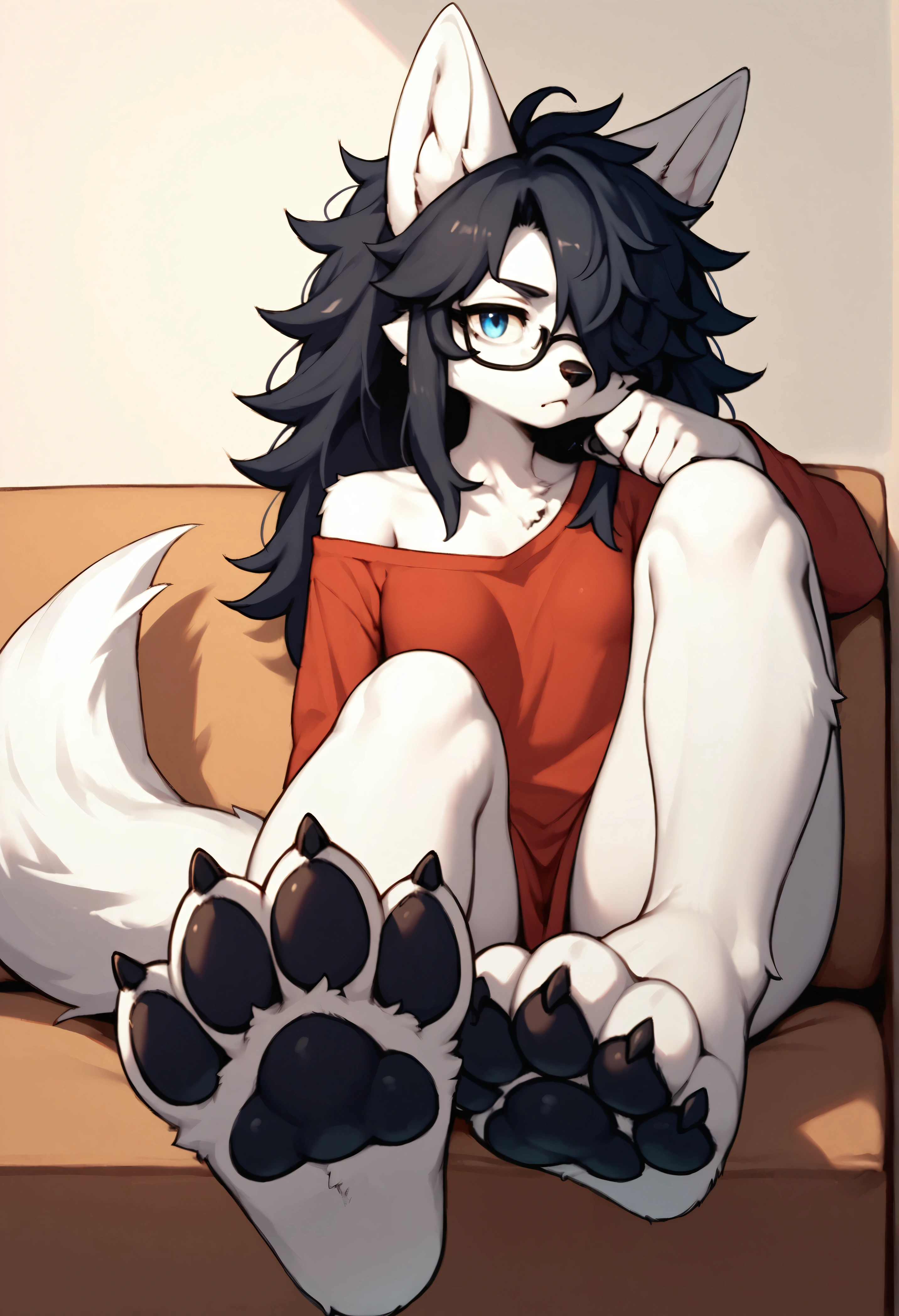 score_9,score_8_up,score_7_up, source_anime, sierra, a young nerdy Anthro furry wolf woman, white furry body, tall, long black messy hair, hair covering one eye, blue eyes, black glasses, small breasts, white wolf tail, naked, wearing only baggy red T shirt, exposed shoulder, bottomless,  sitting on a couch, one leg up, feet paws, four toes, black paw pads, foot focus, bored expression, mouth open