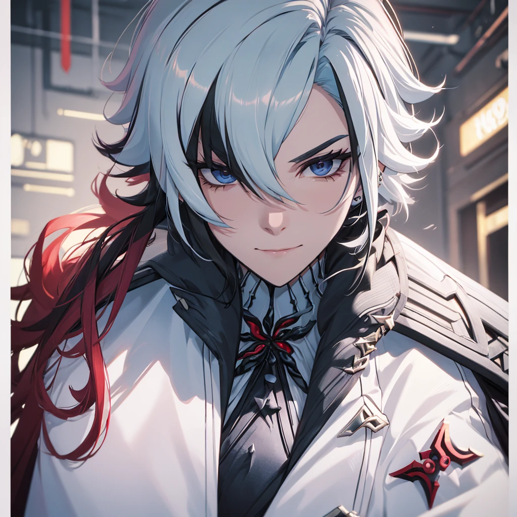 (absurdres, highres, ultra detailed),(Masterpiece, best quality:1.2),A man, albino,messy white hair,hair covering left eye,red and purple eye, wearing a jacket, looking forward, maniac, highest quality digital art, highest resolution