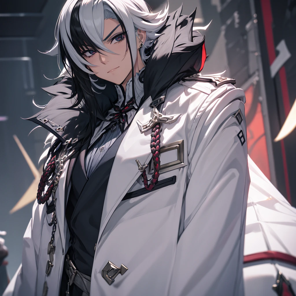 male character. naughty man. serious countenance, social futuristic clothing, an overcoat. hair with black highlights.