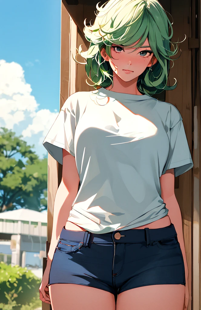 (work of art, best qualityer:1.2), cowboy shot, standing alone, 1 girl, tatsumaki, Lewd, cloused mouth, gazing at viewer, in this, Broad Hips, t - shirt, Correia, short shorts, blue sky, clouds, erotism, crotch neckline