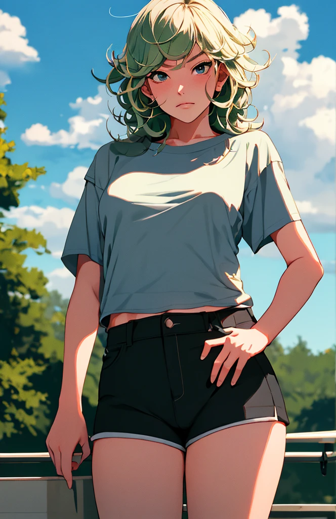 (work of art, best qualityer:1.2), cowboy shot, standing alone, 1 girl, tatsumaki, Lewd, cloused mouth, gazing at viewer, in this, Broad Hips, t - shirt, Correia, short shorts, blue sky, clouds, erotism, crotch neckline