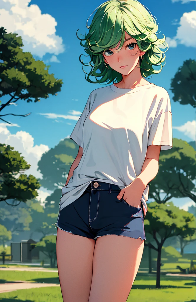 (work of art, best qualityer:1.2), cowboy shot, standing alone, 1 girl, tatsumaki, Lewd, cloused mouth, gazing at viewer, in this, Broad Hips, t - shirt, Correia, short shorts, blue sky, clouds, erotism, crotch neckline