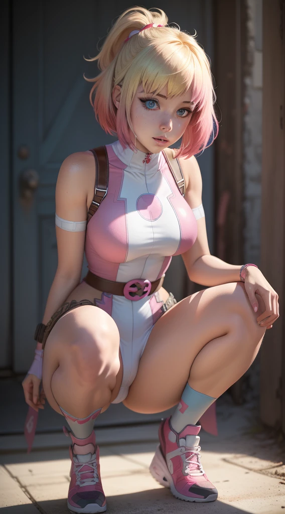 gwenpool, 1 girl, hair blonde, multicolored hair, standing alone, blue colored eyes, shorth hair, gradient hair, waist belt, two tone hair, pink  hair, breastsout. big fit ass , squatting down