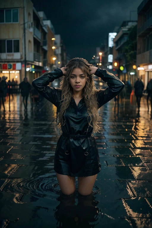 beautiful shakira, girl ,rain,night ,full body ,face on water,very dark,buildings,people ,wet girl ,no light,blue night ,night rain,Bunch of hair,yellow hear ,looking up,big rain