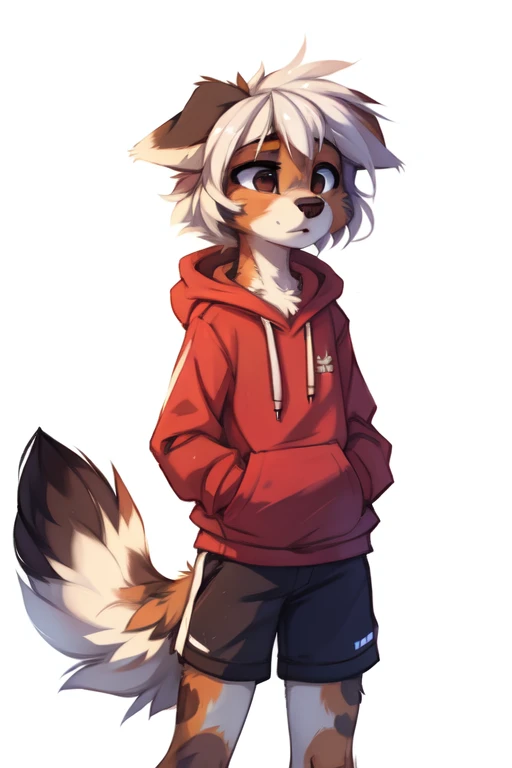 (((White background, no background))), High quality, 8K, by kenket, by swaybat, by reysi, by Zackary911, by hyattlen, by teranen, by fumiko, by Pixelsketcher, by Bayard Wu, by Einshelm, by Kilinah, by Hioshiru, by fluff-kevlar, by Dimwitdog, Furry, Anthro, solo, ((australian shepard)), ((female)), ((young)), fluffy tail, ((slender)), ((short white hair)), chest fluff, short, small breasts, blue panties, red oversized long hoodie, bare legs