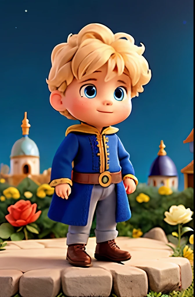 A little boy in an adorable Victorian blue prince costume with blonde hair and blue eyes called the little prince lives in space on his little planet with his flower friend called the rose they live on a little planet 