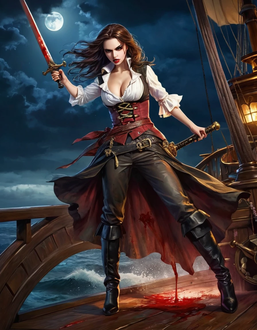 a portrait of a woman vampire pirate holding a (( bloody sword: 1.5)) on a pirate ship ready for battle, ((full body: 1.5)), ((anatomically correct: 1.5)), (ultra detailed face: 1.2), looking tense, looking dangerous, dynamic eye color, glowing eyes, dynamic hair color, dynamic hair style dynamic skin complexion, wearing 18th century white button shirt, with ((stains of blood: 1.3)), busty , wearing wearing high heeled boots, it is night time at sea, moon is high, some clouds,18th century pirate ship background, vibrant, Ultra-high resolution, High Contrast, (masterpiece:1.5), highest quality, Best aesthetics), best details, best quality, highres, 16k, (ultra detailed: 1.5), masterpiece, best quality, (extremely detailed) RAW, (ultra details, Masterpiece, best quality), Hyperrealism style, holding sword, Intense gaze, holding sword rapier, vampire teeth, BloodSoakedAI, holding sword, Dark Art Painting Style